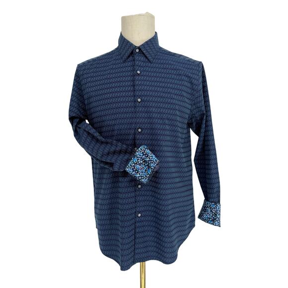Robert Graham Woven Button Front Long Sleeve Shirt Cubist Navy Blue Geometric M - Picture 1 of 9